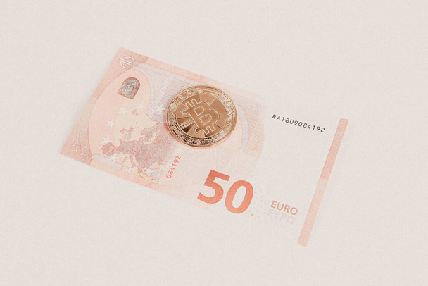 Multi Euro Dolar cash, Different type of new generation banknotes, bitcoin - Φωτογραφία, εικόνα