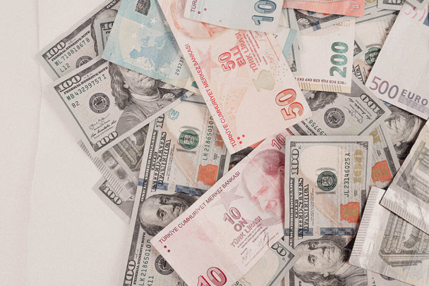 Multi Euro Dolar cash and coin, Different type of new generation banknotes, bitcoin, turkish lira - 写真・画像