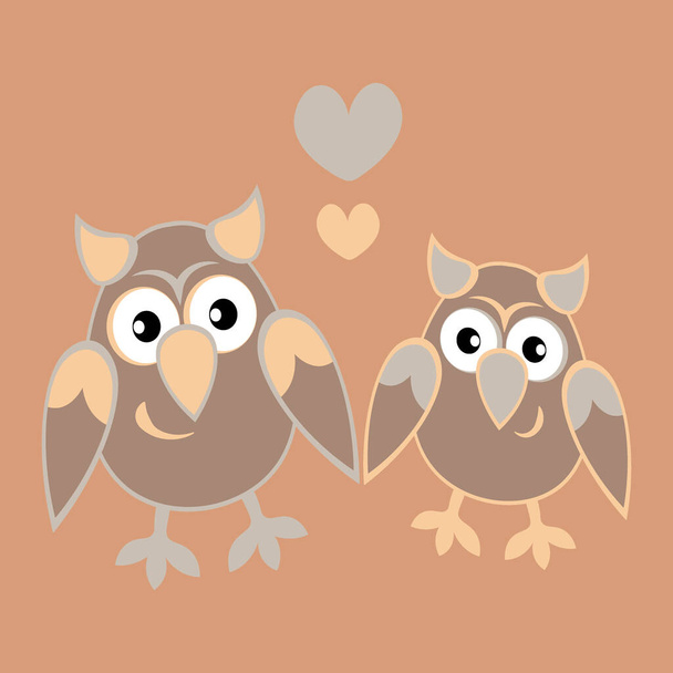 Illustration on a square background - two owls in love with hearts. Cartoon birds. Pastiche. Children drawing. Design element of books, notebooks, postcards, interior items - Διάνυσμα, εικόνα