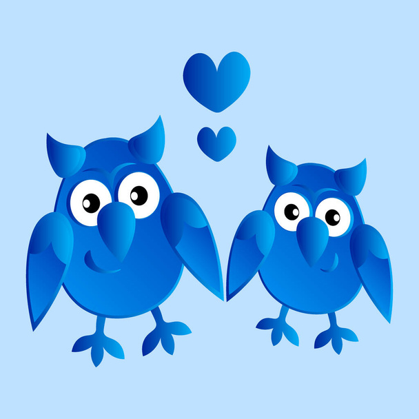Illustration on a square background - two owls in love with hearts. Cartoon birds. Pastiche. Children drawing. Design element of books, notebooks, postcards, interior items - Vector, afbeelding