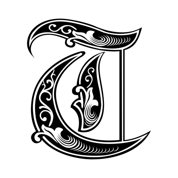 Beautiful decoration English alphabets, Gothic style, letter T - Vector, Image