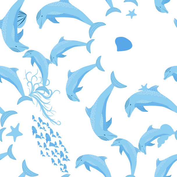 Dolphin, sea inhabitants seamless pattern, beautiful character among seashells, algae, starfish, marine wildlife. - Διάνυσμα, εικόνα