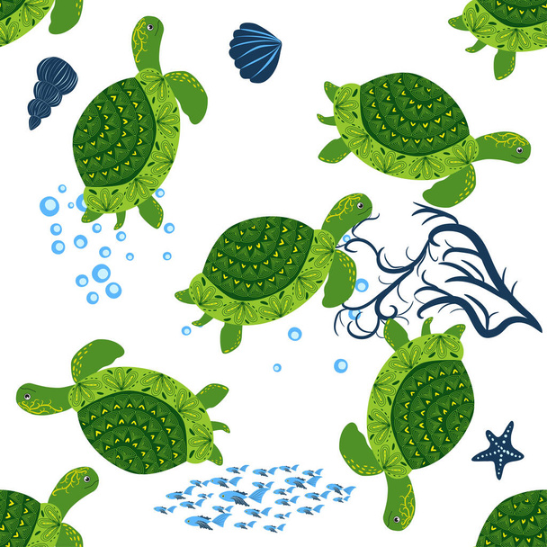 Turtle green seamless pattern, beautiful character among seashells, seaweed, starfish, sea animals wildlife nature. Nature underwater, marine wild fish in the ocean zoo - Vector, Imagen