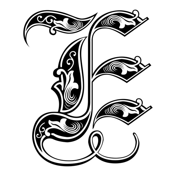 Beautiful decoration English alphabets, Gothic style, letter E - Vector, Image
