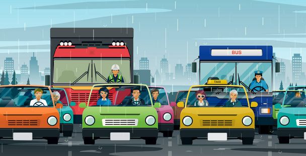 The traffic in the city is constantly jammed while it rains. - Vector, Image