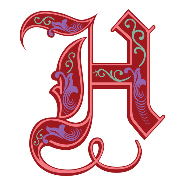Beautiful decoration English alphabets, Gothic style, letter H - Vector, Image