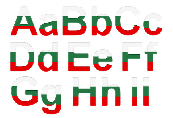 Letters with Bulgarian flag. A, B, C, D, E, F, G, H, I uppercase and lowercase letters. 3D rendering isolated on white background - Foto, imagen