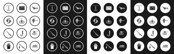 Set Spinning reel for fishing, Fishing float water, hook under, net with, Calendar, and rod icon. Vector - Vector, Image