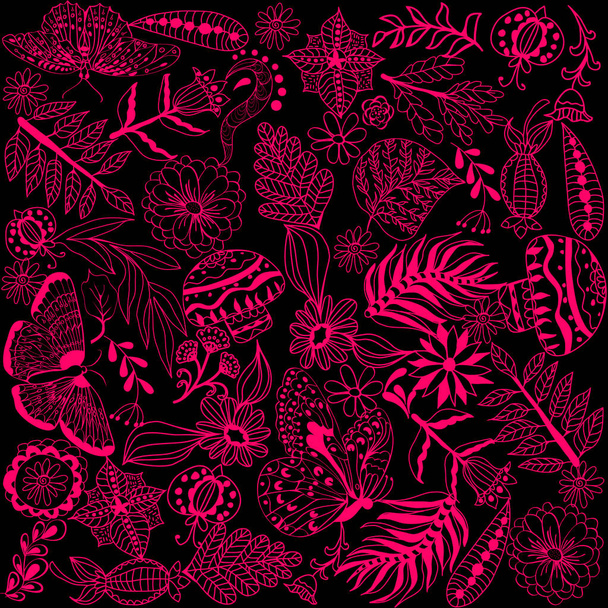 Hand drawn doodle flower and foliage collection. Monochrome set sketch botanical elements.  - Вектор,изображение