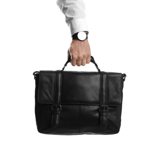 Man holding stylish leather briefcase on white background, closeup - Φωτογραφία, εικόνα