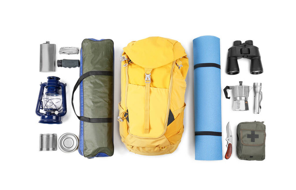 Set of camping equipment on white background, top view. Packing for trip - Fotografie, Obrázek