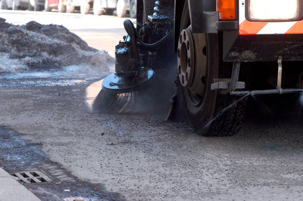 road sweeping vehicle and road cleaning as part of public service - Photo, Image