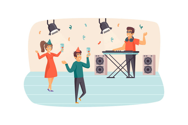 Couple dancing at party in club scene. Man and woman drinking wine, having fun. DJ plays music at mixing panel. Holiday celebration concept. Illustration of people characters in flat design - Photo, Image