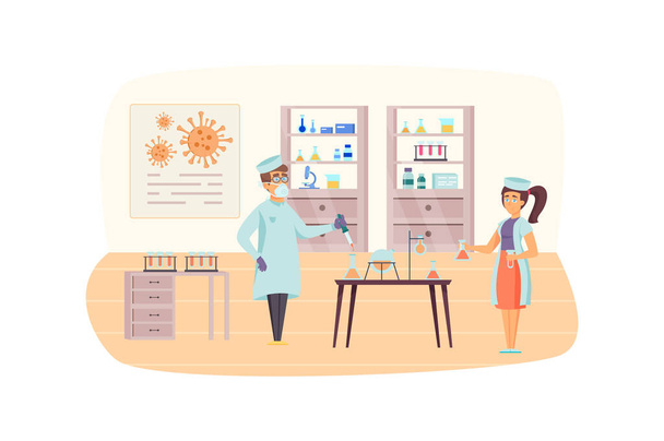 Hospital professional laboratory scene. Scientists doctors examine samples, do virus medical research test. Clinic service, healthcare concept. Illustration of people characters in flat design - Photo, Image