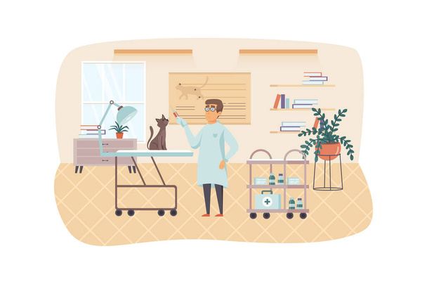 Veterinary clinic scene. Veterinarian examining and vaccinated cat. Doctors office interior. Vet medicine, pet health care, medical concept. Illustration of people characters in flat design - Photo, Image