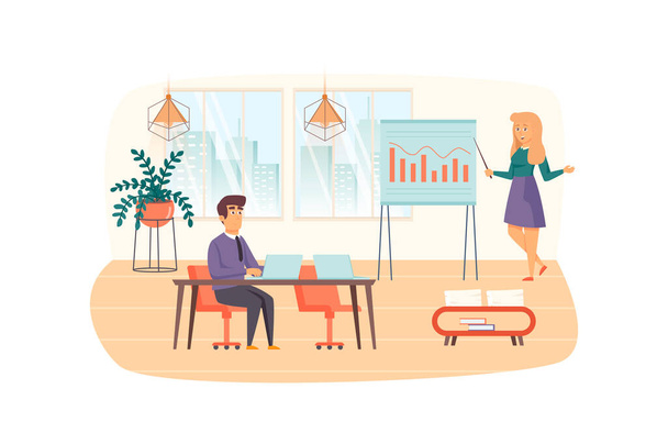 Office manager makes report presentation scene. Briefing with colleague, brainstorming. Management workflow, organizational matters concept. Illustration of people characters in flat design - Photo, Image