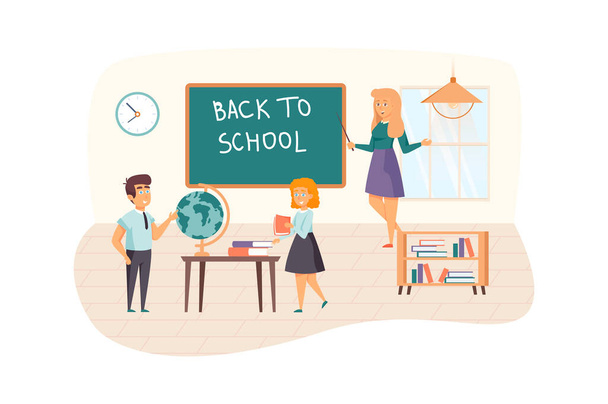 Teacher and pupils in classroom scene. Schoolchildren went back to school, studying at lessons. Primary Education, Knowledge Day concept. Illustration of people characters in flat design - Photo, Image