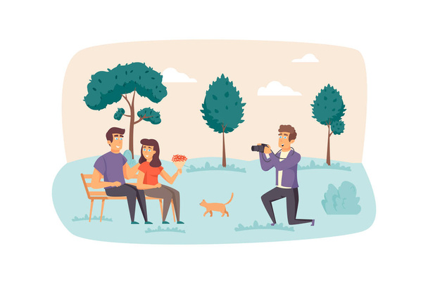 Photographer making photo shooting for couple in park scene. Man and woman posing for art photography. Creative profession, memories concept. Illustration of people characters in flat design - Photo, Image