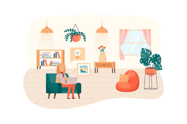 Designer drawing graphics on laptop, creates new ideas, making digital product. Woman working at home scene. Creative profession concept. Illustration of people characters in flat design - Photo, Image