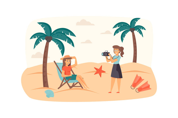 Fotógrafo hace sesión de fotos con la mujer en la escena de la playa tropical. Modelo posando para fotografía. Profesión creativa, concepto de recuerdos. Ilustración de personajes de personas en diseño plano - Foto, Imagen