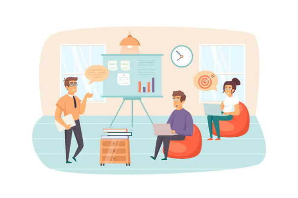 Coach brainstorming with employees, increases work motivation at business training scene. Improve professional skills, career growth concept. Illustration of people characters in flat design - Photo, Image