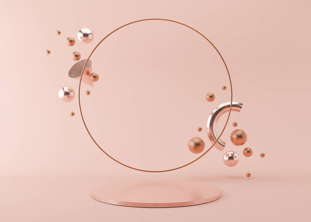 Podium with copper ring and flying, glossy metallic 3D forms on pink background. Elegant podium for product, cosmetic presentation. Mock up. Pedestal or platform for beauty products. 3D rendering. - Photo, image