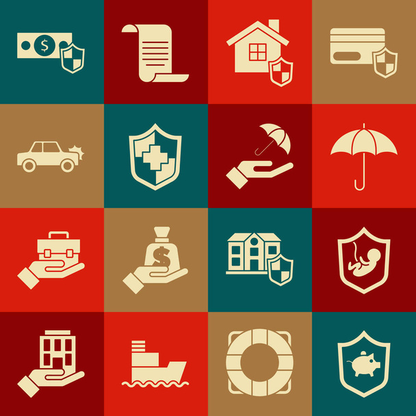 Set Piggy bank with shield, Life insurance, Umbrella, House, Car, Money and hand icon. Vector - ベクター画像