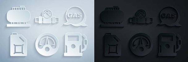 Set Motor gas gauge, Location and station, Canister for motor oil, Petrol, Metallic pipes valve and Oil tank storage icon. Vector - Vector, Image