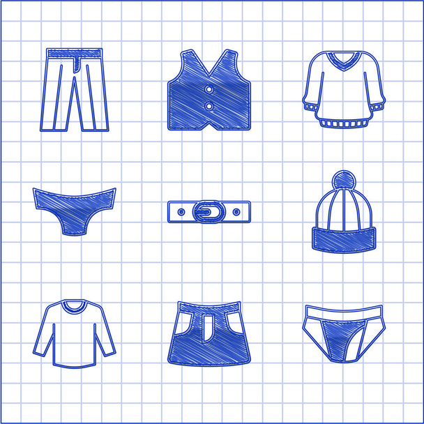 Set Cinturón, Falda, Calzoncillos de hombre, Sombrero de invierno, Jersey y Pantalones icono. Vector - Vector, Imagen