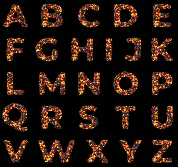 Lava letter alphabet on clean black background isolated lava coal smoldering letters 3D render - 写真・画像