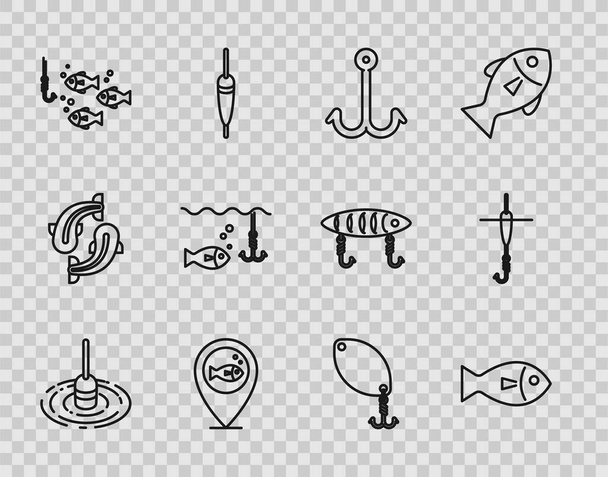 Set line Fishing float in water, hook, Location fishing, under with, spoon and and icon. Vector - Vector, imagen
