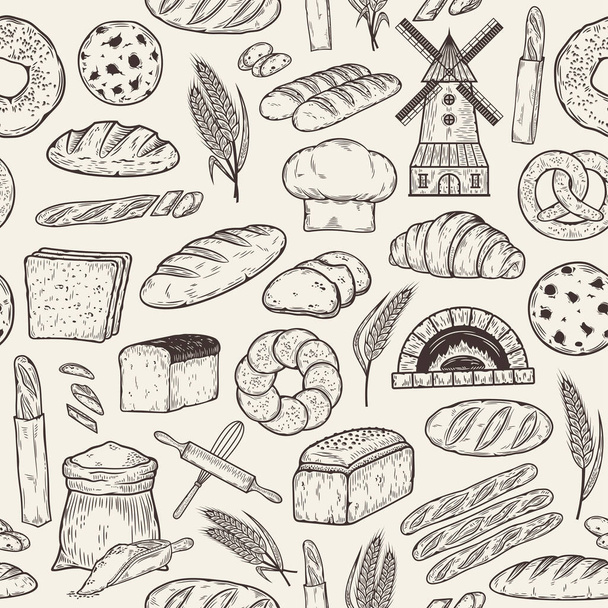 手描きのパンとパン屋のシームレスなパターン、焼き菓子のアイコン - ベクター画像