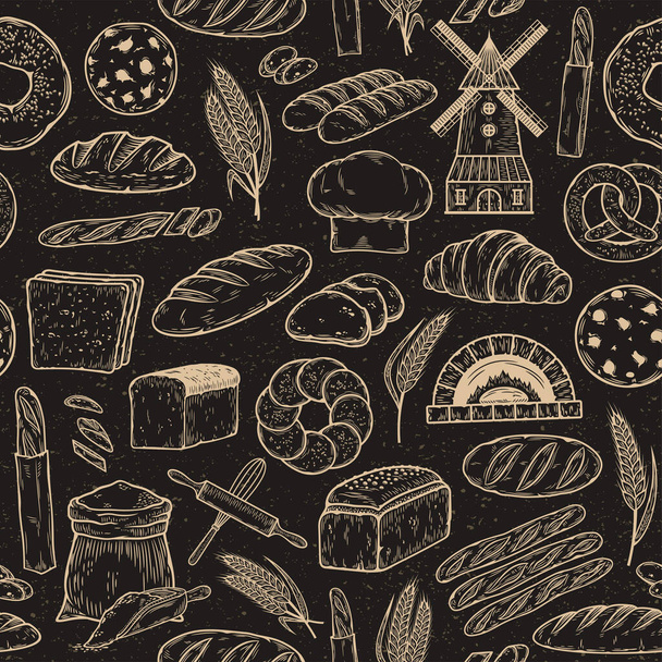 Estilo retro pan y panadería patrón sin costuras, iconos de productos horneados - Vector, Imagen
