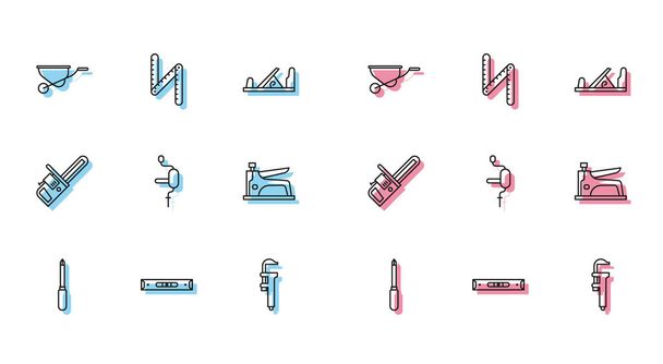Set line Screwdriver, Construction bubble level, Wheelbarrow, Calliper or caliper and scale, Hand drill, stapler, Chainsaw and Folding ruler icon. Vector - Vector, afbeelding