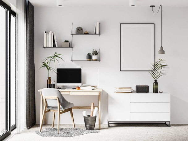Interiér Home Office Room Wall Mockup - 3D vykreslování, 3D ilustrace  - Fotografie, Obrázek
