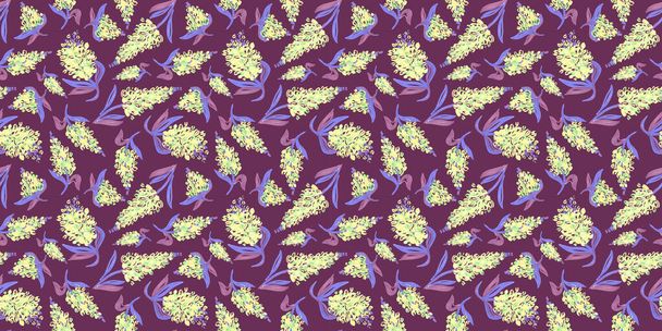 Spring Seamless Pattern of Floral elements in doodle style on purple background. yellow and green Flowers and violet leaf Patterns with packaging and scrapbooking - Foto, Imagem