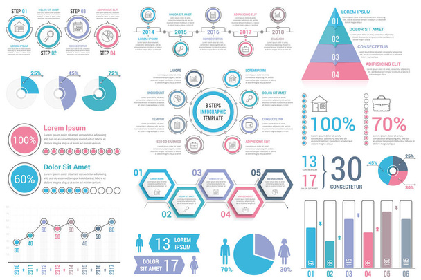 Infographic elements for business and presentations - percents, timeline, bar and line charts, pyramid, circle diagram, pie charts, vector eps10 illustration - Vektor, Bild