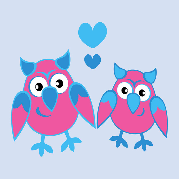 Illustration on a square background - two owls in love with hearts. Cartoon birds. Pastiche. Children drawing. Design element of books, notebooks, postcards, interior items - Vektor, Bild