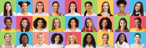 Ευτυχισμένες κυρίες διαφορετικές εθνικότητες και ηλικίες σε πολύχρωμα υπόβαθρα, πανόραμα - Φωτογραφία, εικόνα