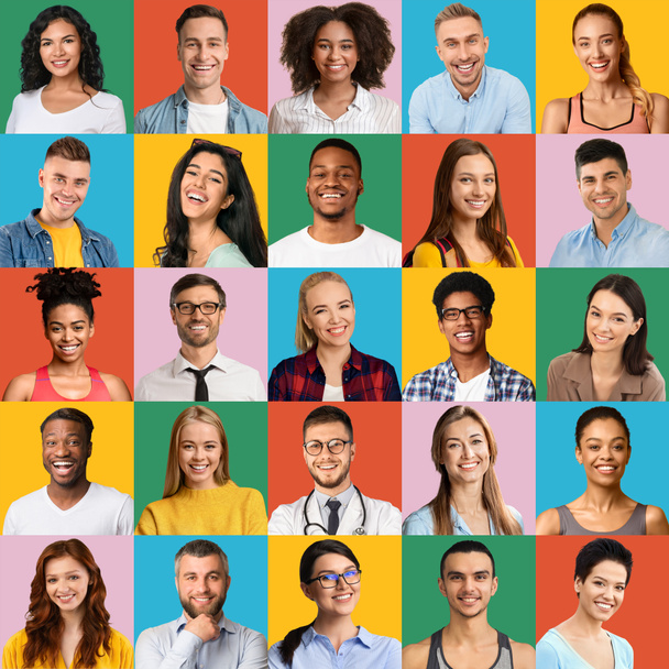 Diverse multi-etnische mensen glimlachen over kleurrijke achtergronden, uiten van geluk en positieve emoties - Foto, afbeelding