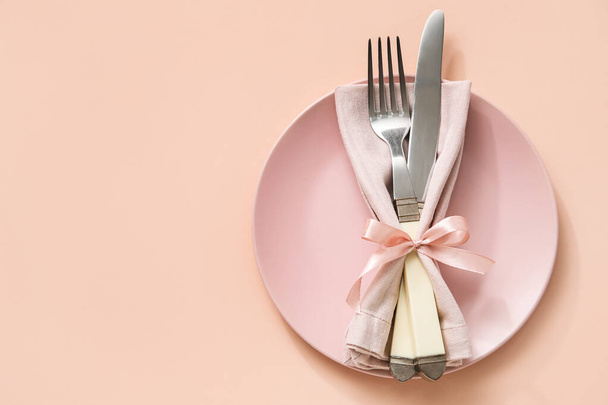 Stylish table setting on pink background - Φωτογραφία, εικόνα