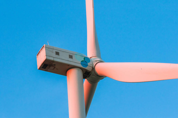 Tuuliturbiini on kone, joka voi vastaanottaa ja muuntaa kineettisen energian tuulen liikkeestä mekaaniseksi energiaksi. ja mekaanista energiaa voidaan käyttää suoraan veden pumppaamiseen tai sähkön tuottamiseen. - Valokuva, kuva
