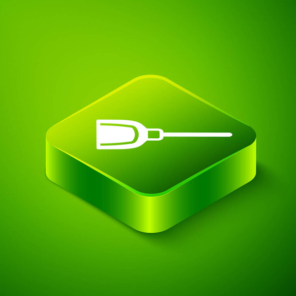 Icono isométrico de Dustpan aislado sobre fondo verde. Servicios de limpieza de palas. Botón cuadrado verde. Vector - Vector, imagen