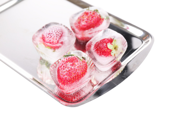 Ice cubes with strawberry on tray isolated on white - Fotografie, Obrázek