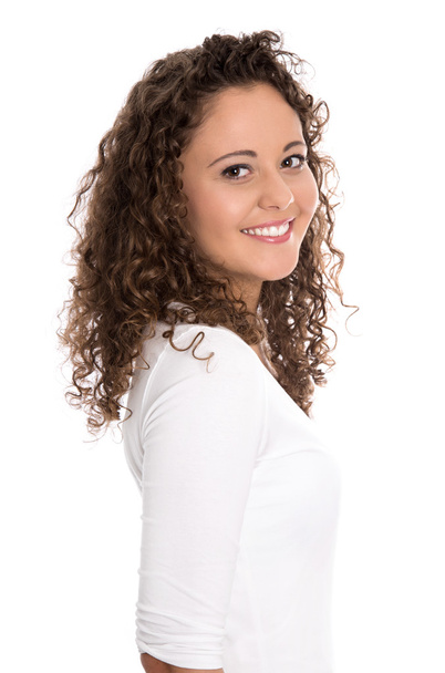 Beautiful smiling isolated young woman with natural curls. - Zdjęcie, obraz