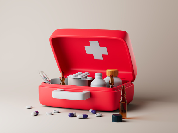 Simple open red first aid kit with with medicines for pharmore category on floor 3d render illustration. - Фото, изображение