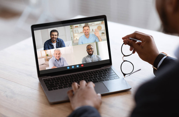 Web Conference. Black Businessman Having Group Video Call With Collagues - Foto, afbeelding