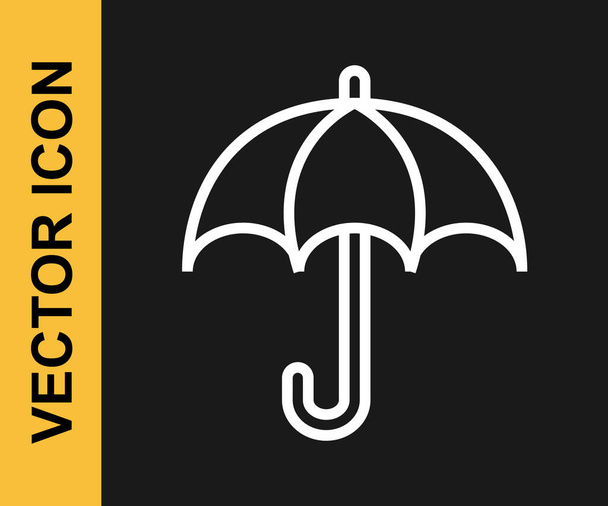Icono de paraguas de línea blanca aislado sobre fondo negro. Concepto de seguro. Icono impermeable. Protección, seguridad, concepto de seguridad. Vector - Vector, imagen