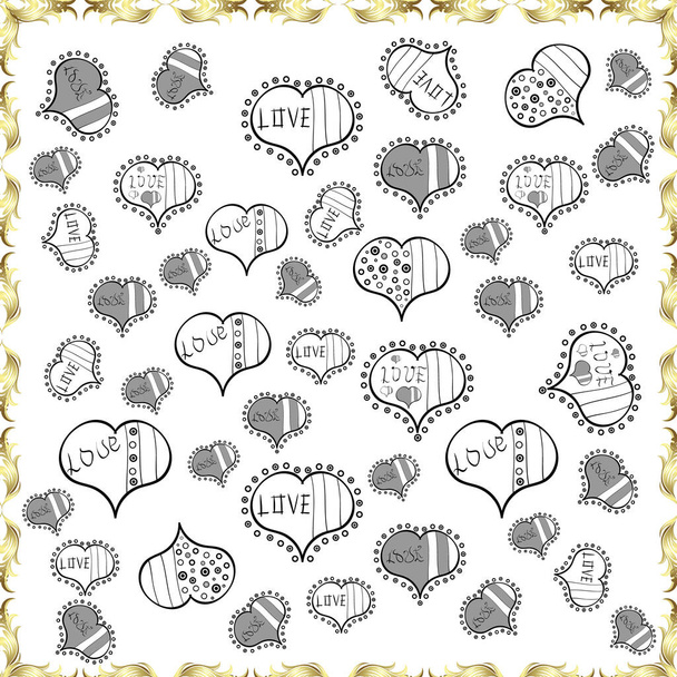 Art for web, textile, fabric. Hand drawn illustration in cartoon style. Graphic on black, white, gray colors. Seamless love pattern with cute lettering calligraphy text and hearts, envelopes. Vector. - Vector, Image