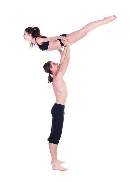 couple man and woman exercising fitness dancing on white background - Valokuva, kuva